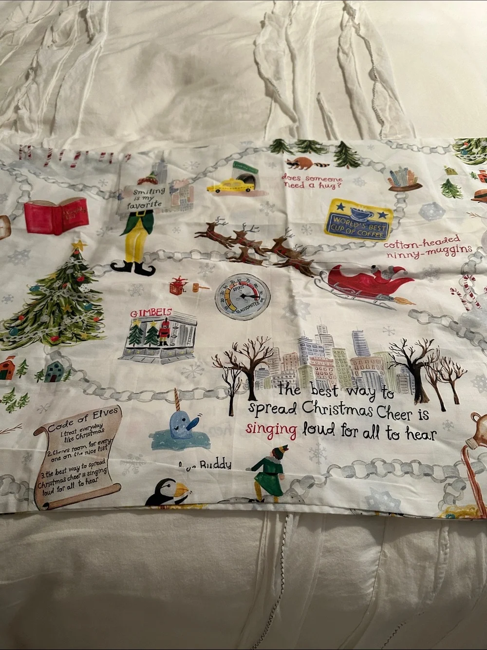 NWOT Pottery Barn ELF Holiday Cheer Illustrated King Pillowcase